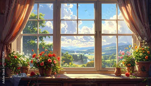 Fototapeta Naklejka Na Ścianę i Meble -  Serene Countryside View from a Sunlit Window