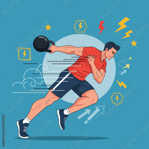 Athlete Lifting Kettlebell, Graphic Illustration, Energetic Environment