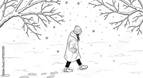 Woman walking in snow beneath trees in line art illustration