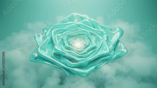 Abstract Turquoise Rose Shape Floating Amidst Soft White Clouds Glowing Center