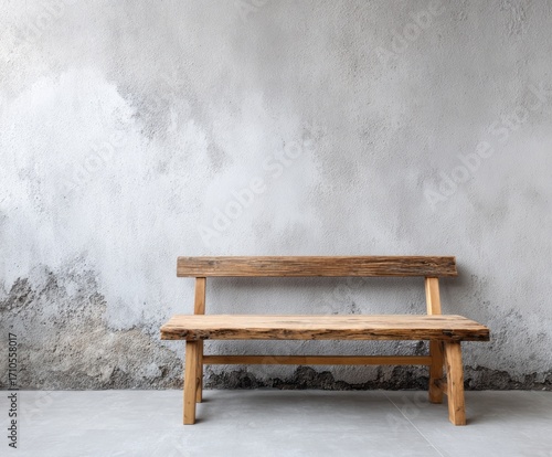 A simple, rustic wooden bench sits against a textured, light gray concrete wall.
