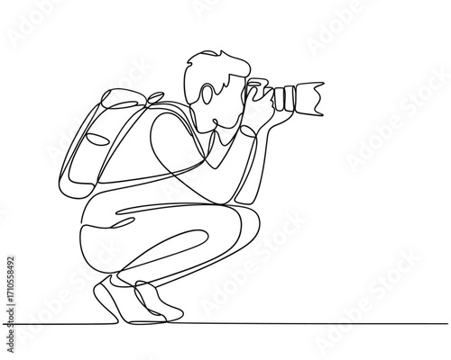 Artist s sketch of a photographer crouching to take a photo