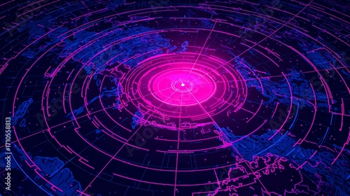 Futuristic digital grid with neon pink radar waves on map background
