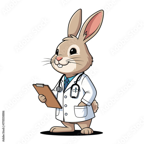 Adorable cartoon kelinci rabbit character dressed as a friendly veterinarian with a clipboard