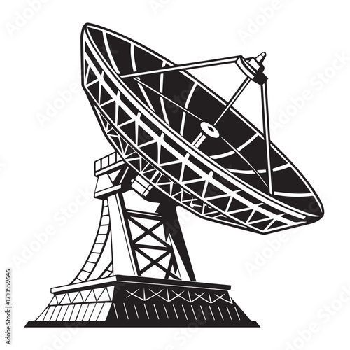 A black and white illustration of a large satellite dish antenna on a sturdy base, isolated on white background