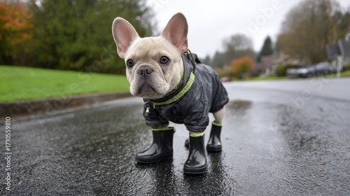 Fototapeta Naklejka Na Ścianę i Meble -  French bulldog in raincoat and boots on wet street in suburban neighborhood