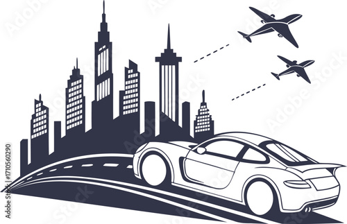 Urban travel illustration with an airplane flying over a city skyline and buildings