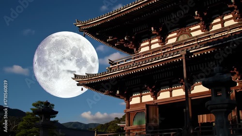 Full moon over a traditional Japanese temple