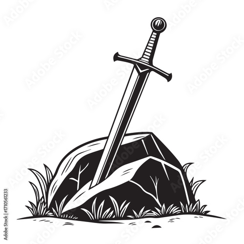 A black and white illustration of a sword stuck in a rock, with grass around it, isolated on white background
