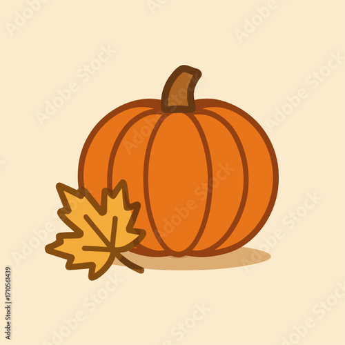 Flat vector illustration of an autumn pumpkin with a maple leaf, simple seasonal design perfect for fall, Thanksgiving, and Halloween themes.