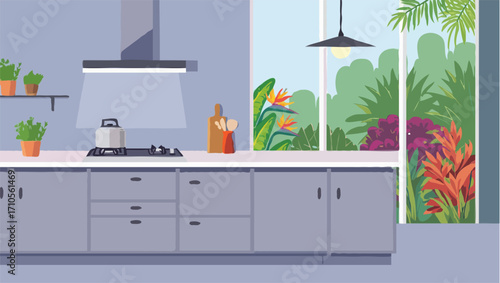 Modern kitchen interior design featuring sleek cabinets gas stove and lush green window view