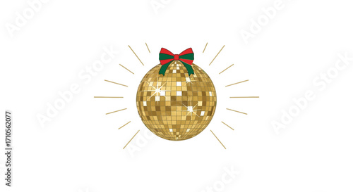 Disco Ball Christmas Ornament Festive Gold Glitter Bauble with Red Bow