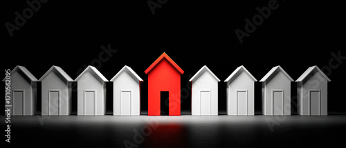 A striking image of a row of white houses, with one vibrant red house standing out in the center, symbolizing uniqueness and individuality.