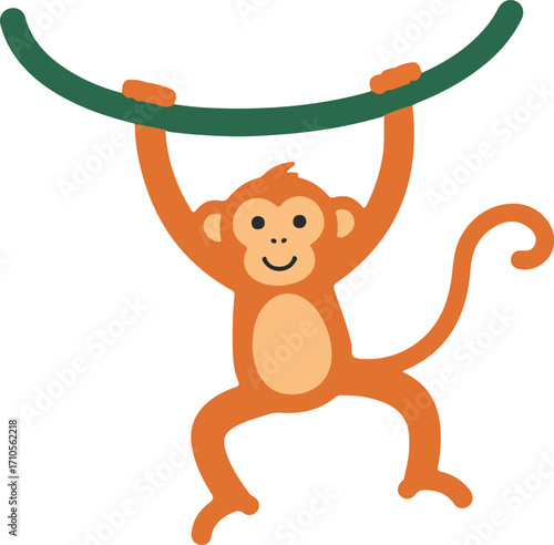 A cartoon monkey hanging from a branch.