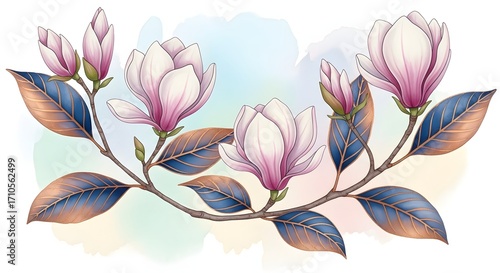 A beautiful illustration of a blooming magnolia branch with delicate pink and white flowers and dark blue-green leaves.