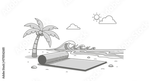 A simple line art drawing of a rolled out mat for exercise.