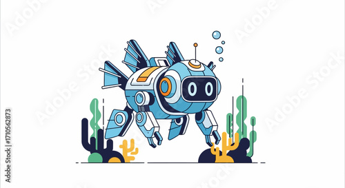 A sophisticated blue and white robotic fish drone for underwater exploration.