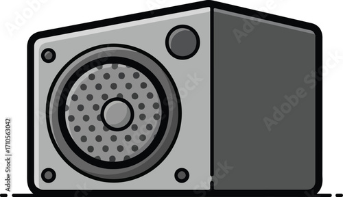 A gray cube-shaped speaker with a single woofer.