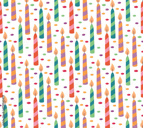 Seamless pattern with cake candles and colorful candies.  Birthday background with bright elements