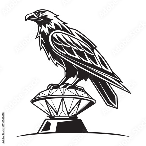 Black and white illustration of a majestic eagle perched on a faceted gemstone, isolated on white background
