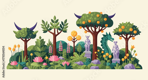 A whimsical fantasy garden with mythical creatures and statues.