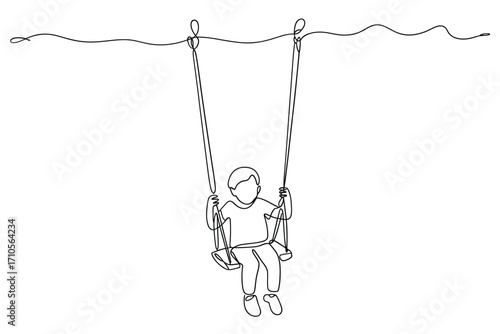 Child sitting on a rope swing in a minimalist line drawing