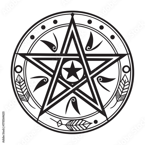 Black and white pentagram symbol with decorative elements and feathers isolated on white background