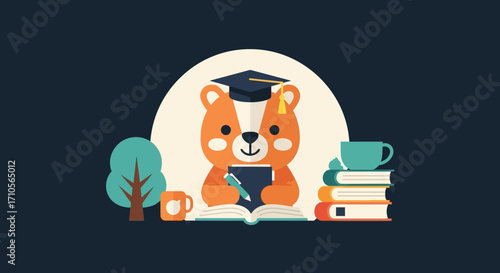 Adorable Bear Cub Student Studying with Books.