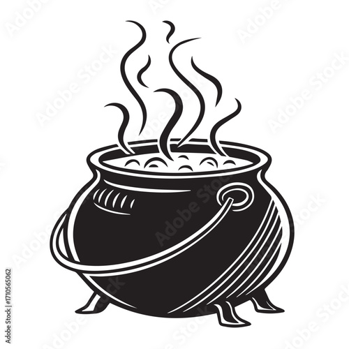 Black cauldron with steam rising from bubbling contents, isolated on white background