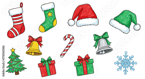 Illustration of christmas themed items including stockings and presents