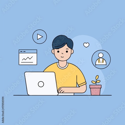Young Man Working Remotely on Laptop Vector Illustration