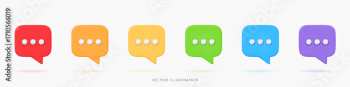 3D Speech bubble messages icon set in rainbow colors. Online chatting in social media. Chat box with comment. Talk or dialogue. Cartoon design icons isolated on white. 3D Vector illustration