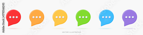 3D Speech bubble messages icon set in rainbow colors. Online chatting in social media. Chat box with comment. Talk or dialogue. Cartoon design icons isolated on white. 3D Vector illustration