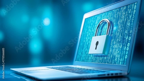 Laptop with digital lock symbolizing data protection, binary code background representing cybersecurity, blue technological environment highlighting digital safety.