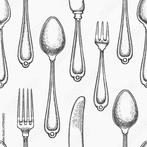 Vintage Hand Drawn Vector Seamless Pattern of Cutlery. Not AI Generated. Retro Fork  Spoon Knife Engraved Kitchen Utensils Old Style Illustration