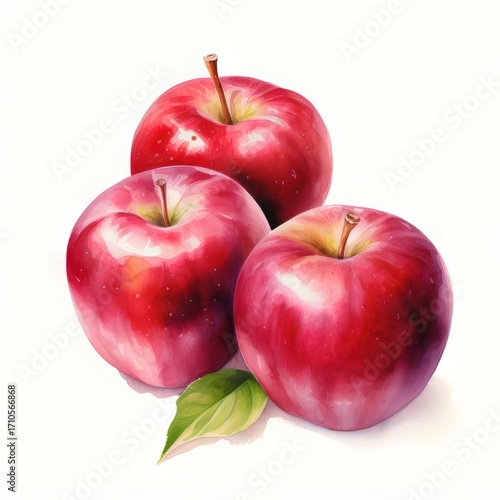 3つの赤いリンゴ 水彩画 白い背景