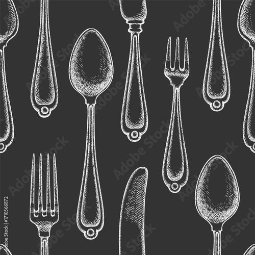 Vintage Hand Drawn Vector Seamless Pattern of Cutlery. Not AI Generated. Retro Chalk Board Fork Spoon Knife Engraved Kitchen Utensils Old Style Illustration