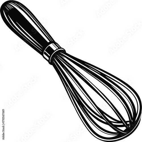 Black and white illustration of a kitchen whisk on a white background kitchen utensil cooking