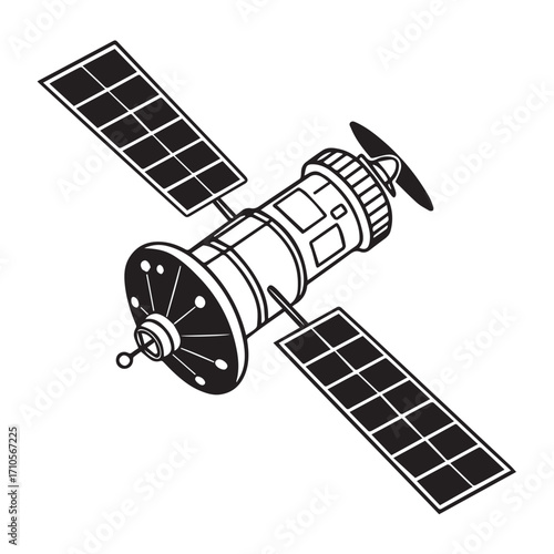 Illustration of a satellite with solar panels and antenna, isolated on white background