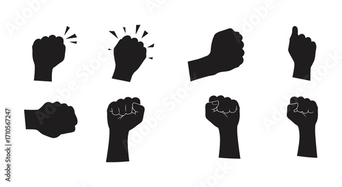 Black silhouette hand gestures depicting power protest and various expressions