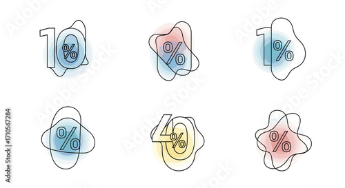 Illustration of percentage discount labels with watercolor style accents