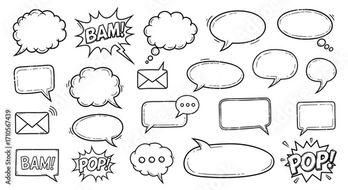 Illustration of speech bubbles and comic elements in black and white style