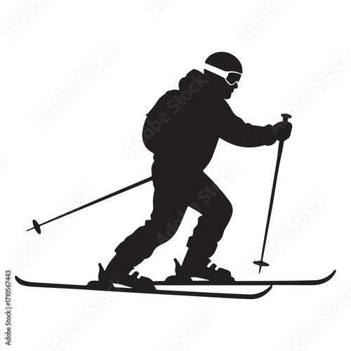 Silhouette of a skier performing a jump isolated on white background