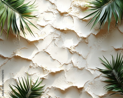 Creamy, textured background with tropical leaves