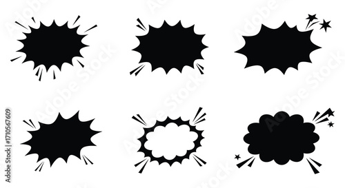 Collection of various black explosion or comic book speech bubble shapes
