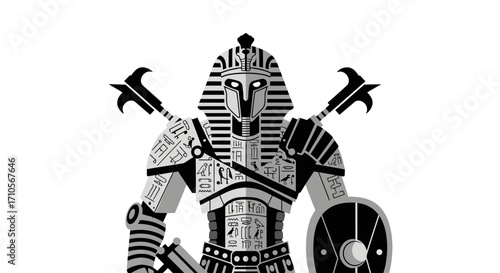 Ancient Egyptian Warrior in Detailed Armor with Weapons and Shield.