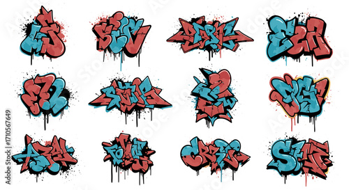 Collection of twelve graffiti style designs with dripping paint effect