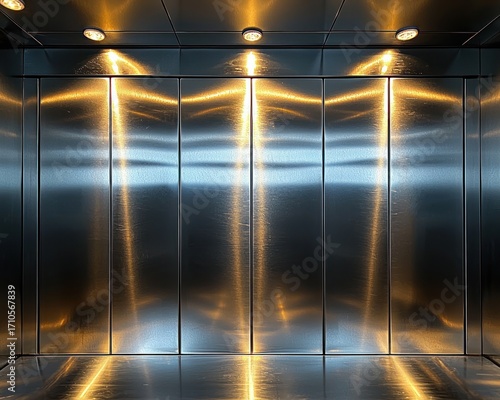 Modern, sleek elevator interior with polished metal panels and focused lighting