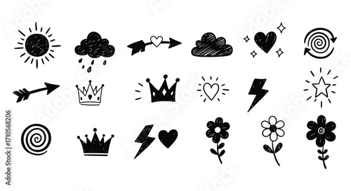 Collection of hand drawn weather and decorative doodle style elements