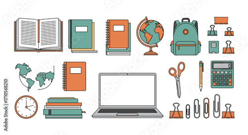 Illustration of school supplies including books laptop and globe design